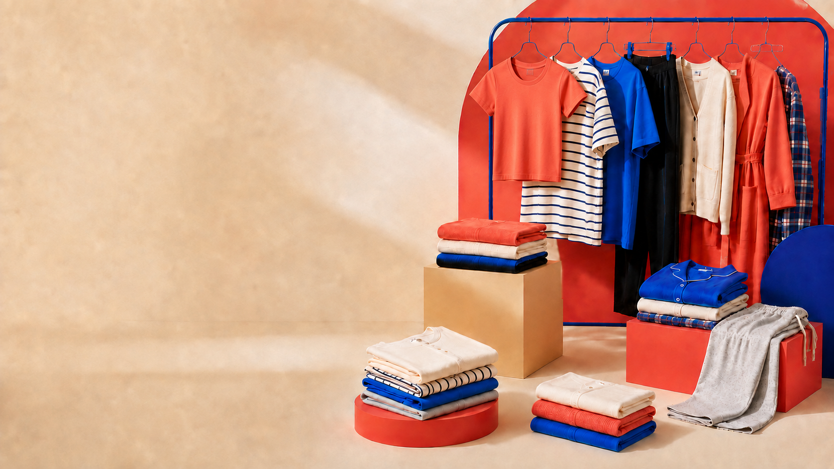 A colorful assortment of folded and hanging fashion products for men and women